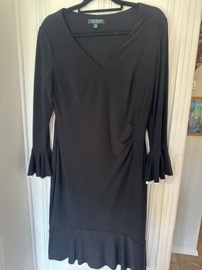 Lauren Ralph Lauren Black Long Sleeve V-Neck Dress with Ruffle Cuffs